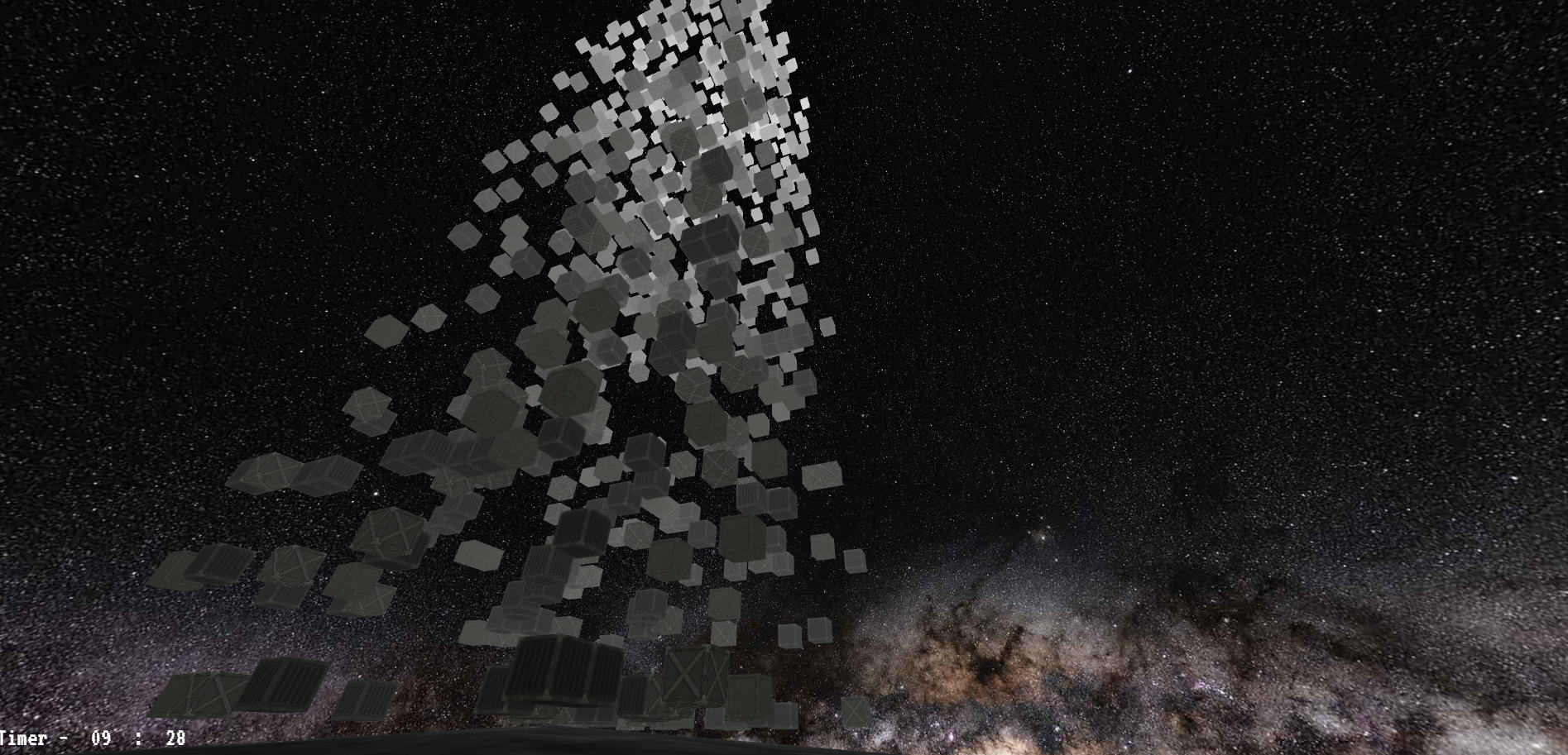 Harvest screenshot: a towering cluster of crates above the surface of a moon under a star-filled sky.