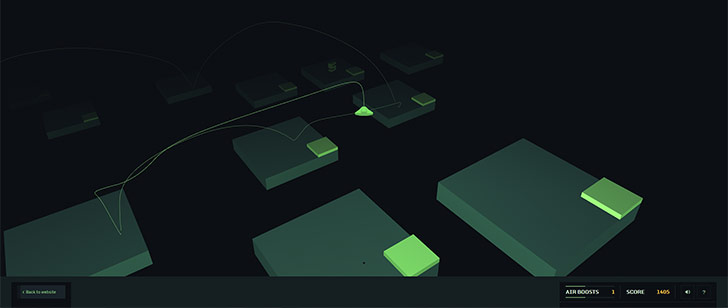 Platforms screenshot: a small character jumps between dark floating platforms with bright green landing pads.